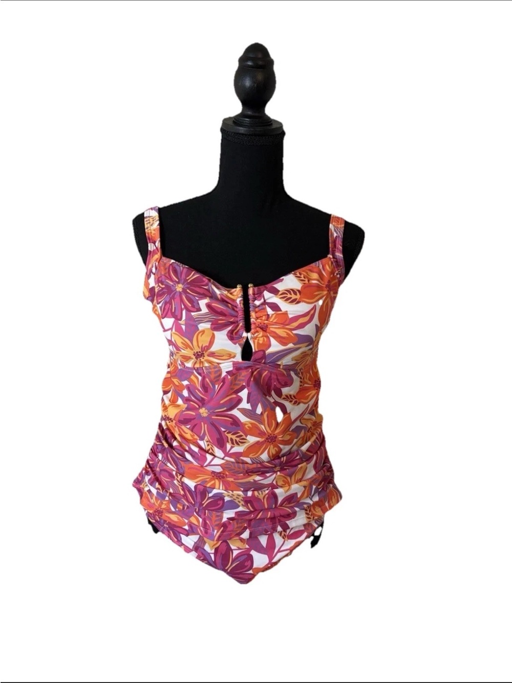 Caribbean Joe Floral Tropical Tankini Set 2PC Swim Size L Pink Orange Purple